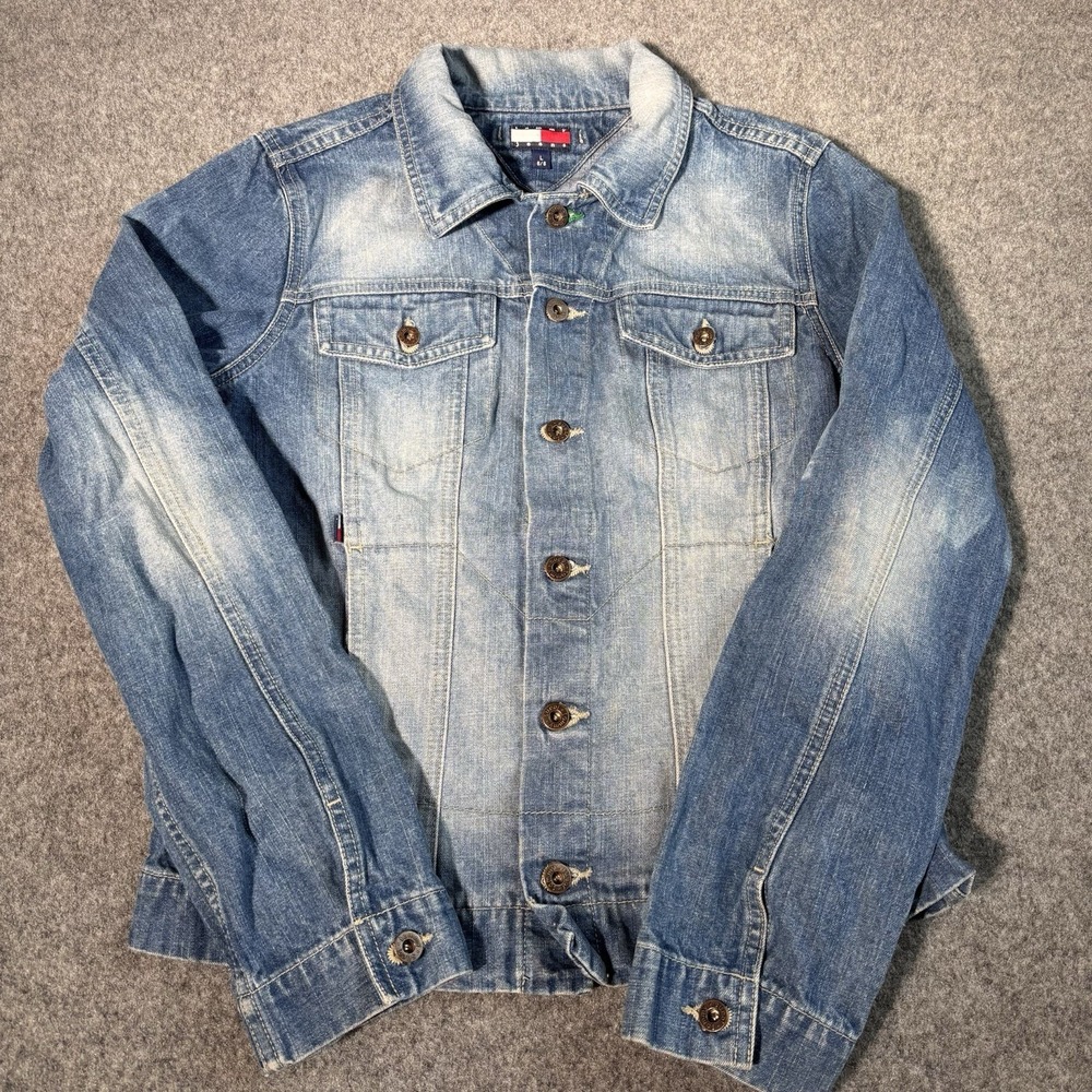 Tommy Jeans Denim Jacket Women's Large Y2K Trucker Blue Button Front Stylish